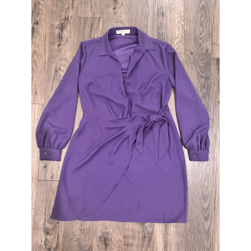 LOFT Purple Wrap Dress Long Sleeve Tie Waist Collared V Neck